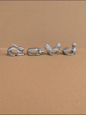 VTG Pewter Animal Napkin Rings Holders 4 Farmhouse Pig Duck Rabbit Hen Country